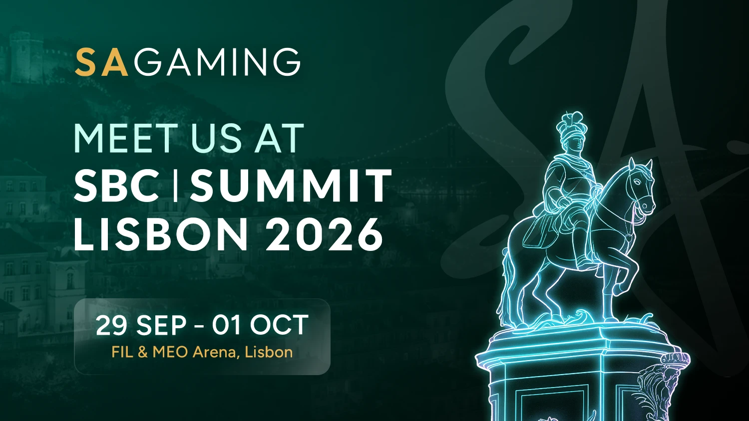 SA Gaming invites iGaming partners to SBC Summit Lisbon 2026, 29 Sep–1 Oct at FIL and MEO Arena, with glowing statue.